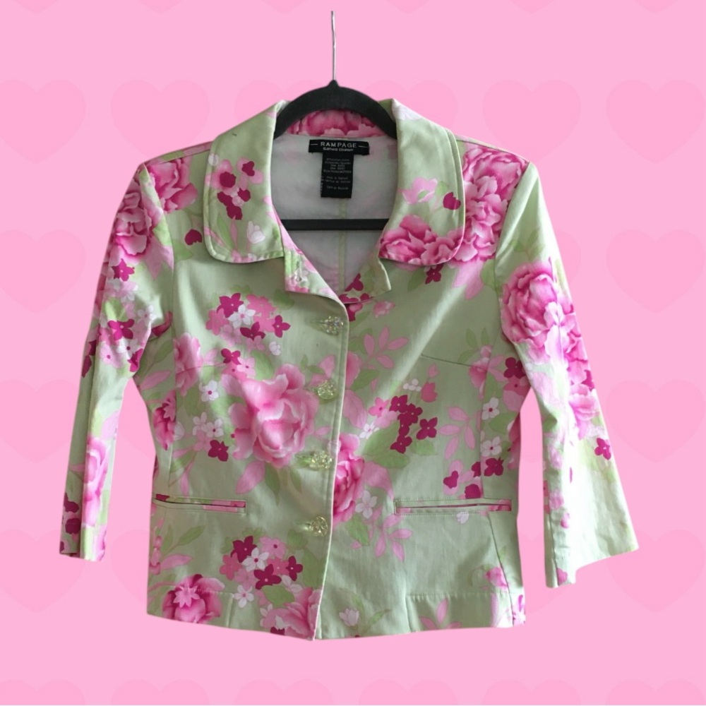 Rampage vintage light green short jacket with pink floral design